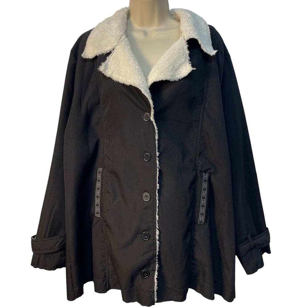 Womens Black Faux Shearling Lined Button Front Coat Jacket with Pocket Trim